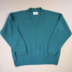 Vtg 70s College Point Sweater Women's M/L Teal Textured Lace Collar Made In USA